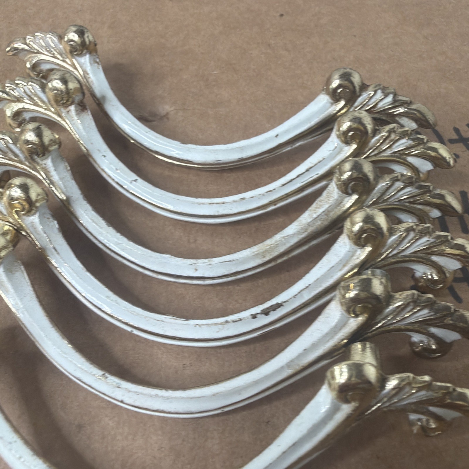 6 Vintage JB French Provincial MCM Antique Brass w/ White Drawer Pulls
