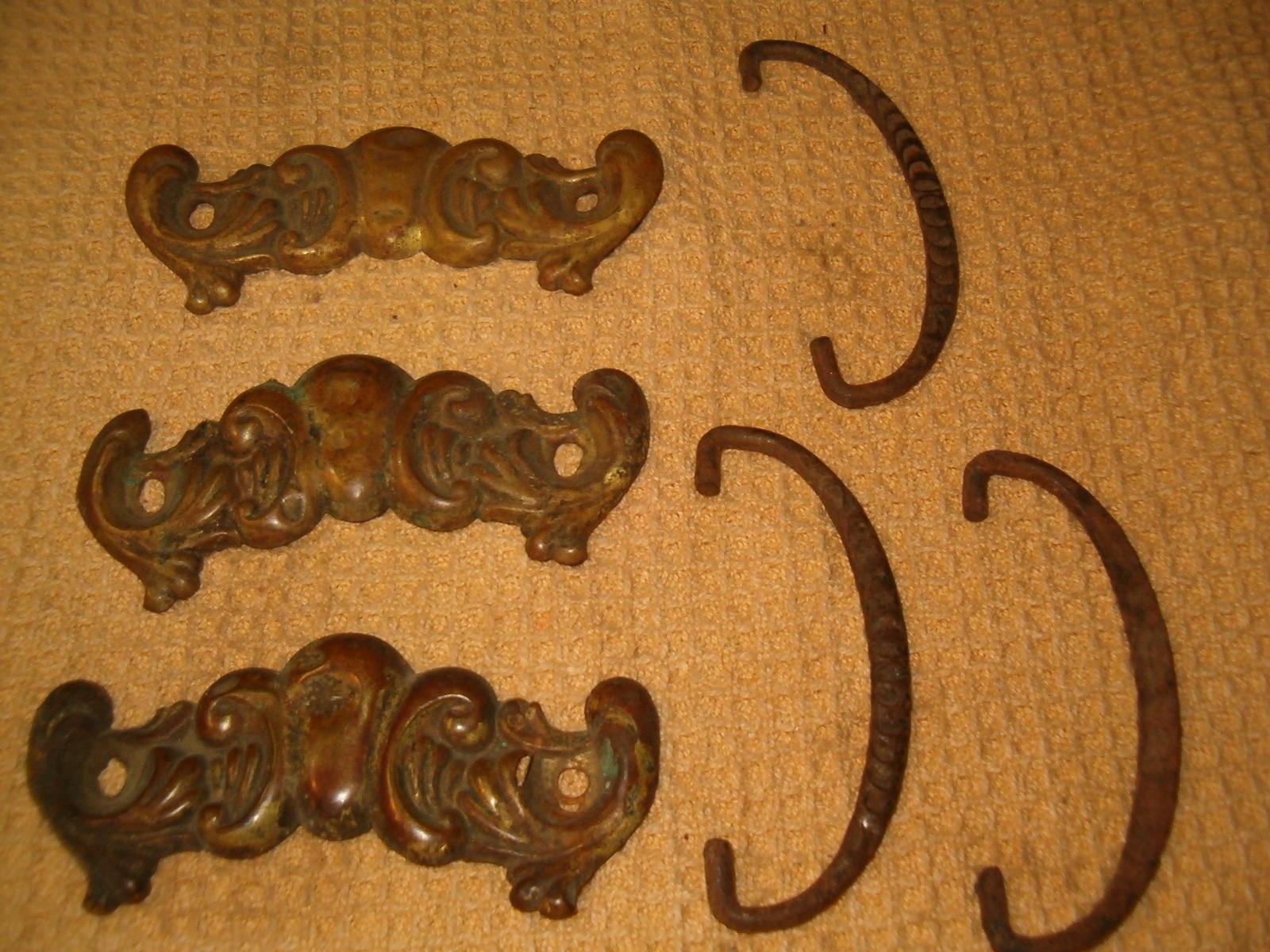 3 Antique METAL Drawer BAIL Pulls w/ tin back plates – used and worn – as is