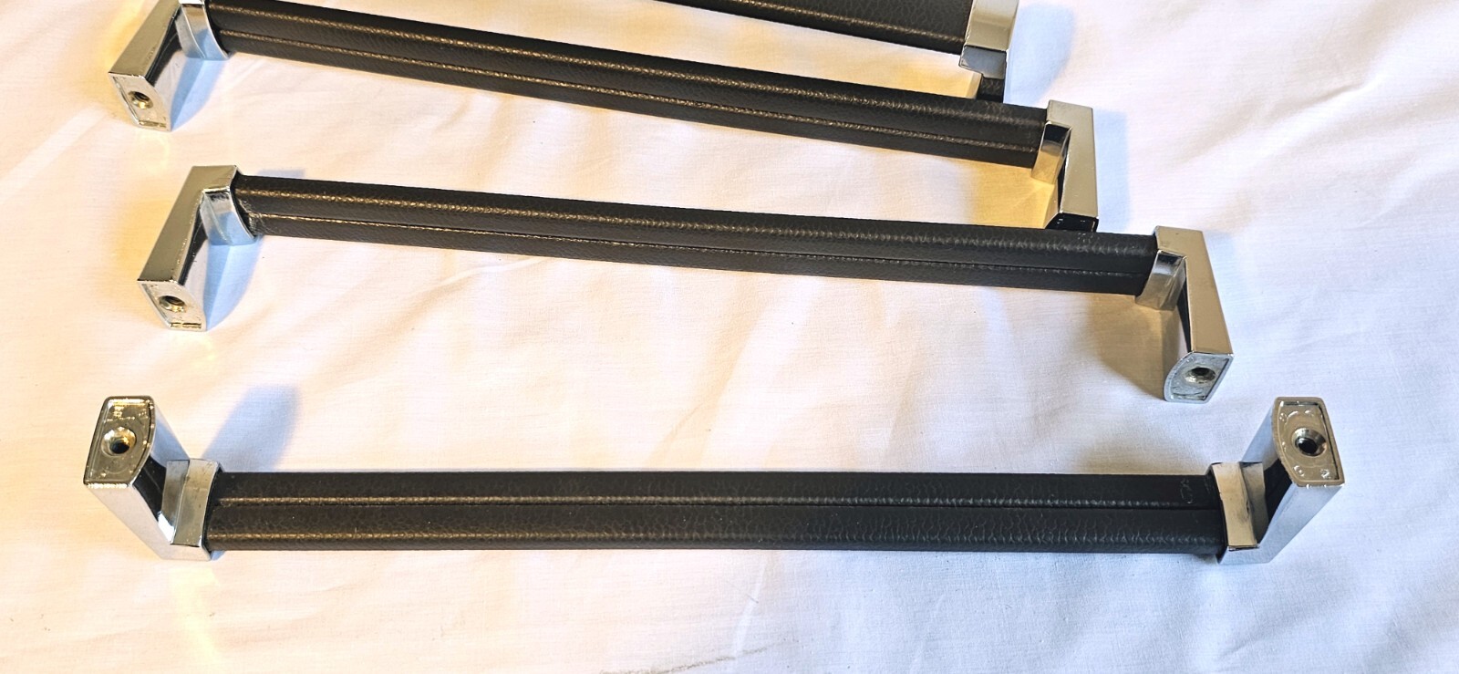 VINTAGE DRAWER PULL- FAKE LEATHER HANDLE – NICE LOOK SET OF 9 – CHROME METAL