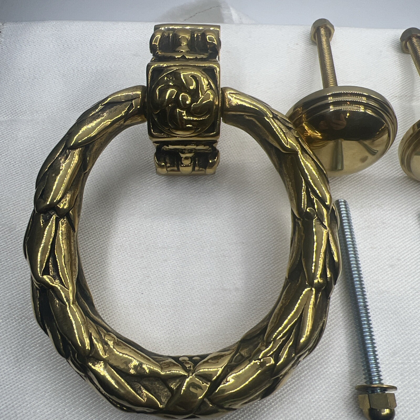 Brass French Victorian Knocker Drop Ring 4” Diameter Drawer pull Knob Set Of 2