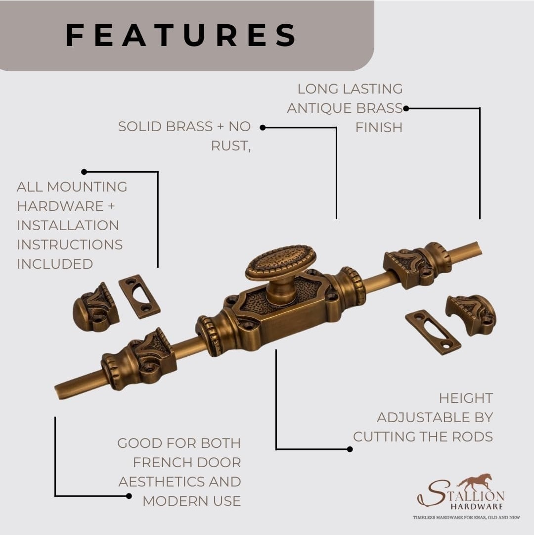 Antique Solid Brass Cremone Bolt Set | 2′ Rods & Handle | Cabinet Hardware