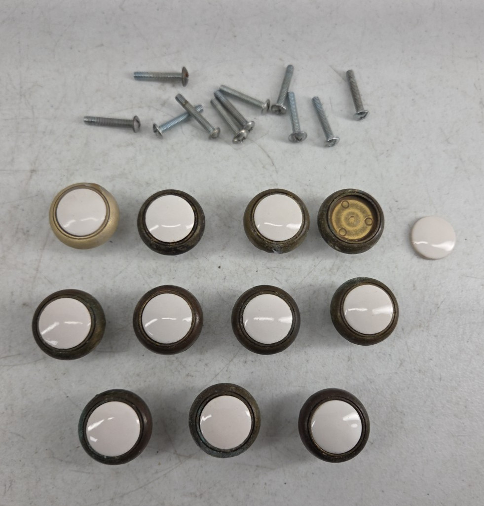 Vintage Lot of 11 Drawer Pull Knobs Round Handle Porcelain Brass