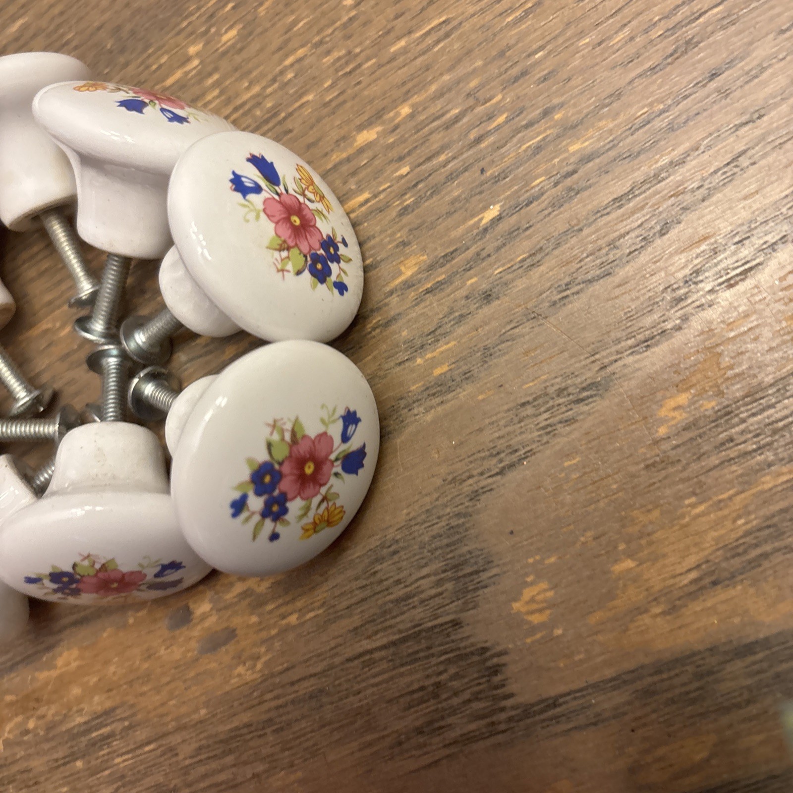 Vintage Porcelain Pulls /Knobs, White Painted Floral Design Lot of 8 with screws