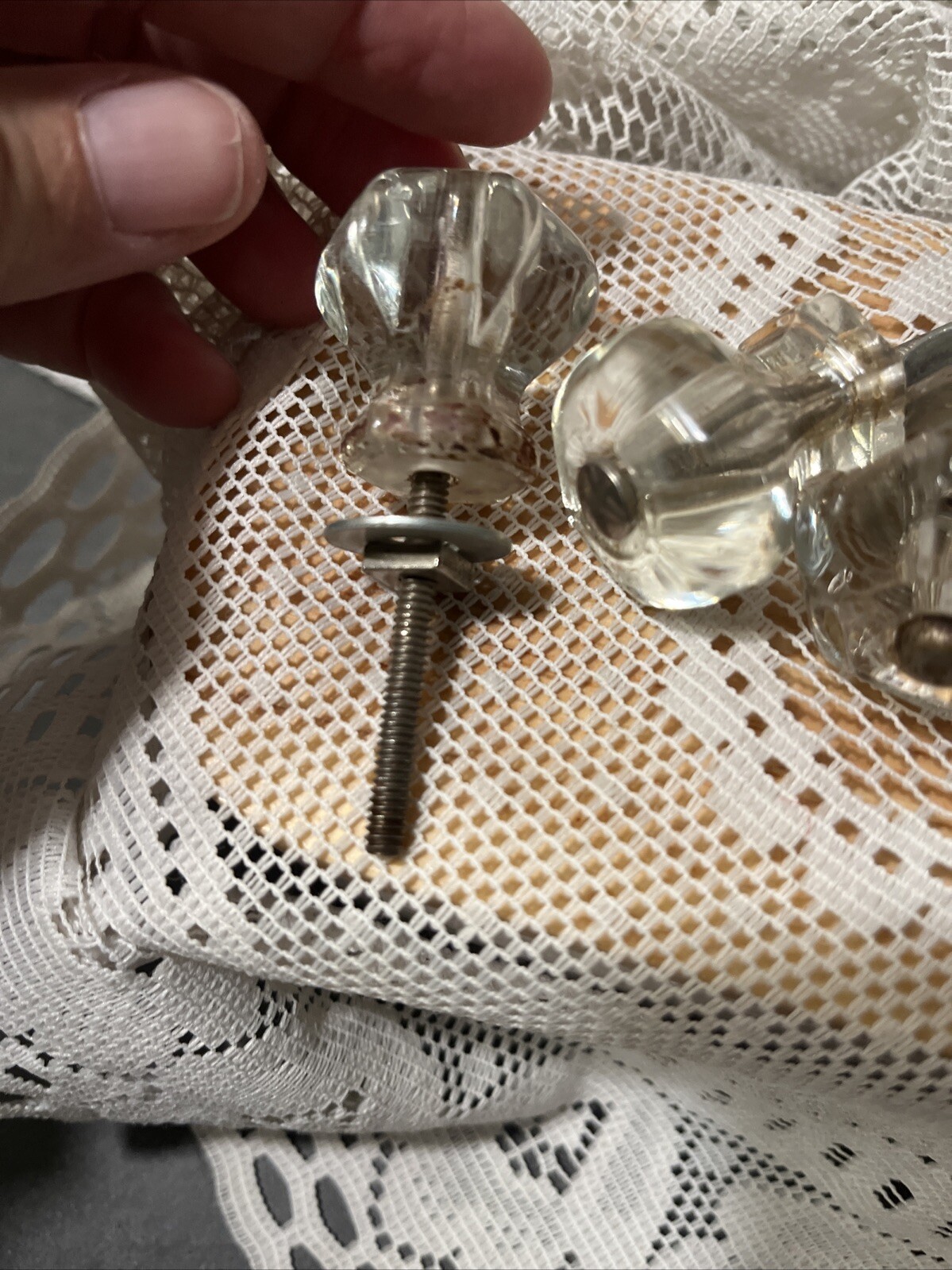 5 Vintage Antique Clear Glass Hexagon Dresser Drawer Cabinet Pulls Knob 1 1/2″