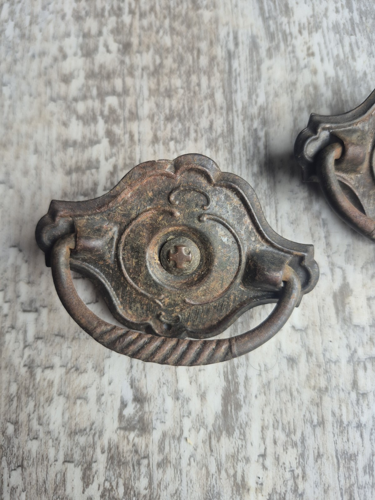 2 Vintage Antique Ornate Drawer Drop Bail Pull Pressed Steel