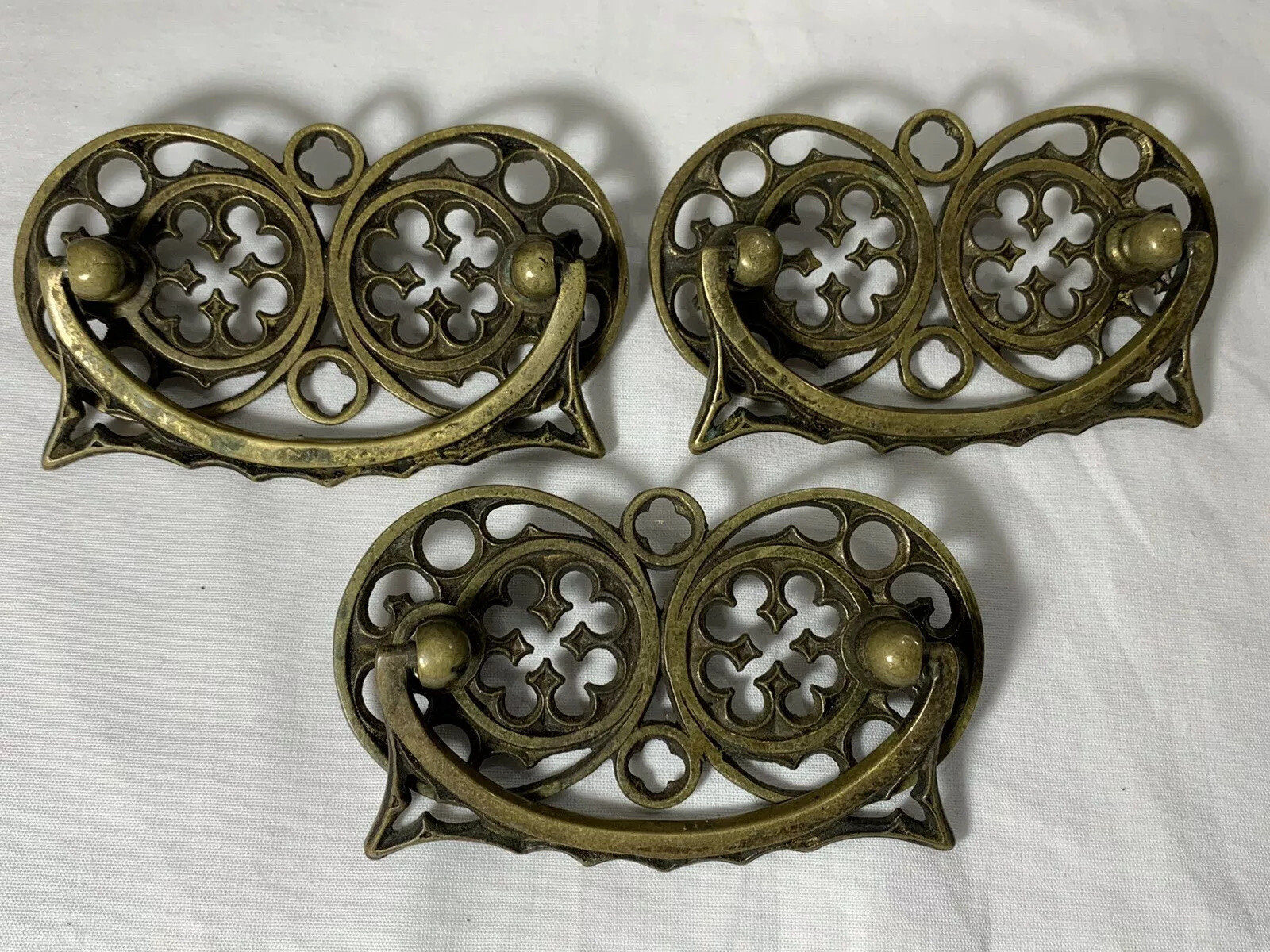 4 UNIQUE Vintage Celtic Spanish Ornate Fancy Brass Drawer Dresser Pulls