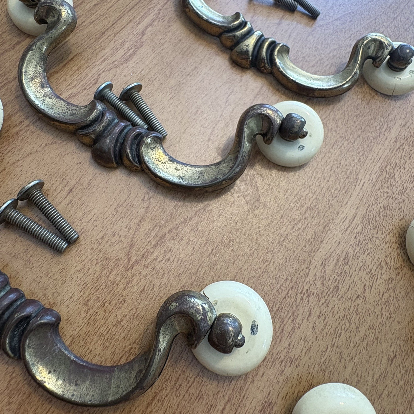 6-Keeler Brass Co BRASS HANDLES N10846 W/Original Hardware 30 piece total MCM 4″