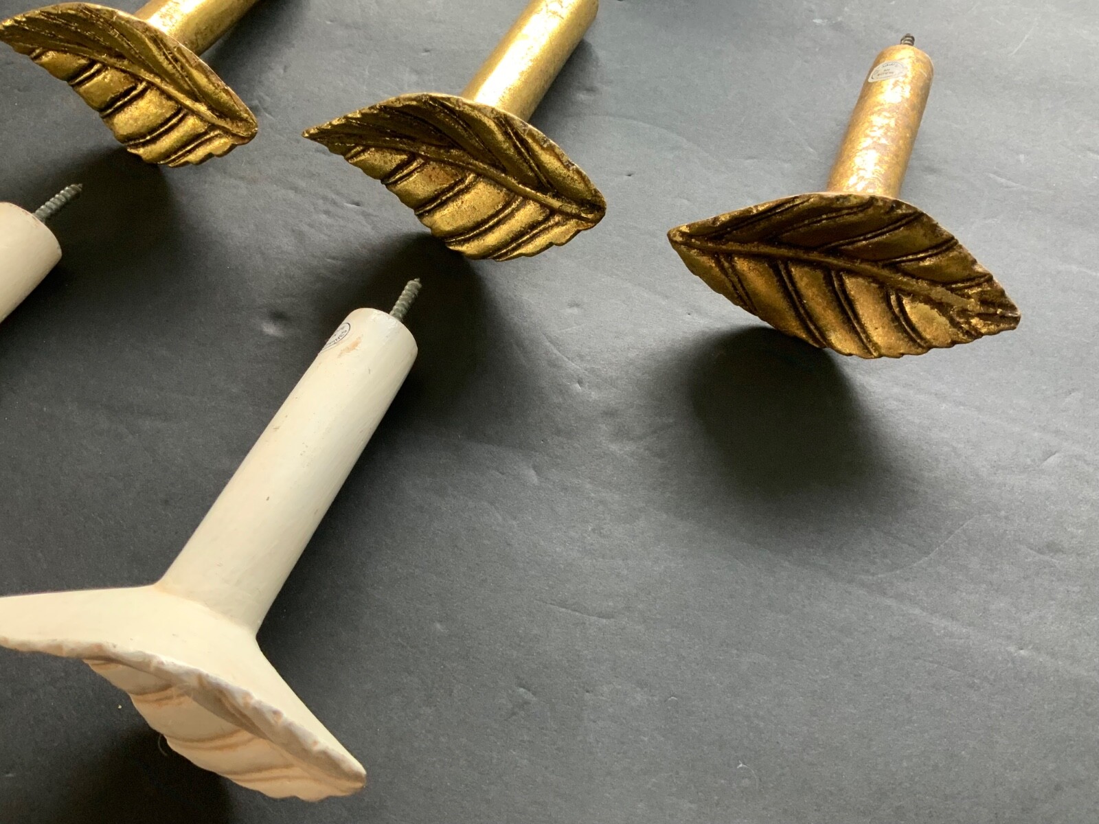 Set of Antique Painted Bin Dresser Drawer Pulls lot of 6 (4 gold 2 white)