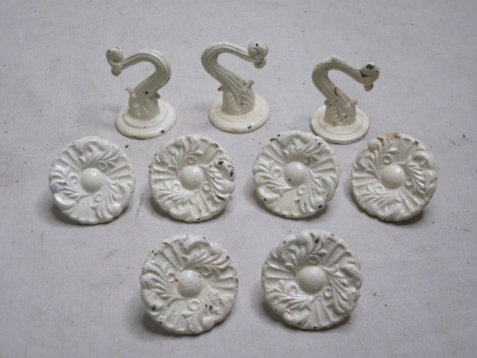 6 vintage ornate round pull knobs metal knob marked 250 Japan architectural hook