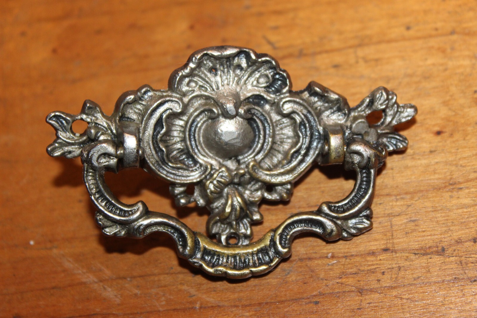 Antique Vintage Ornate Heavy Solid Nickel on Bronze Drop Bail Drawer Pull K-33