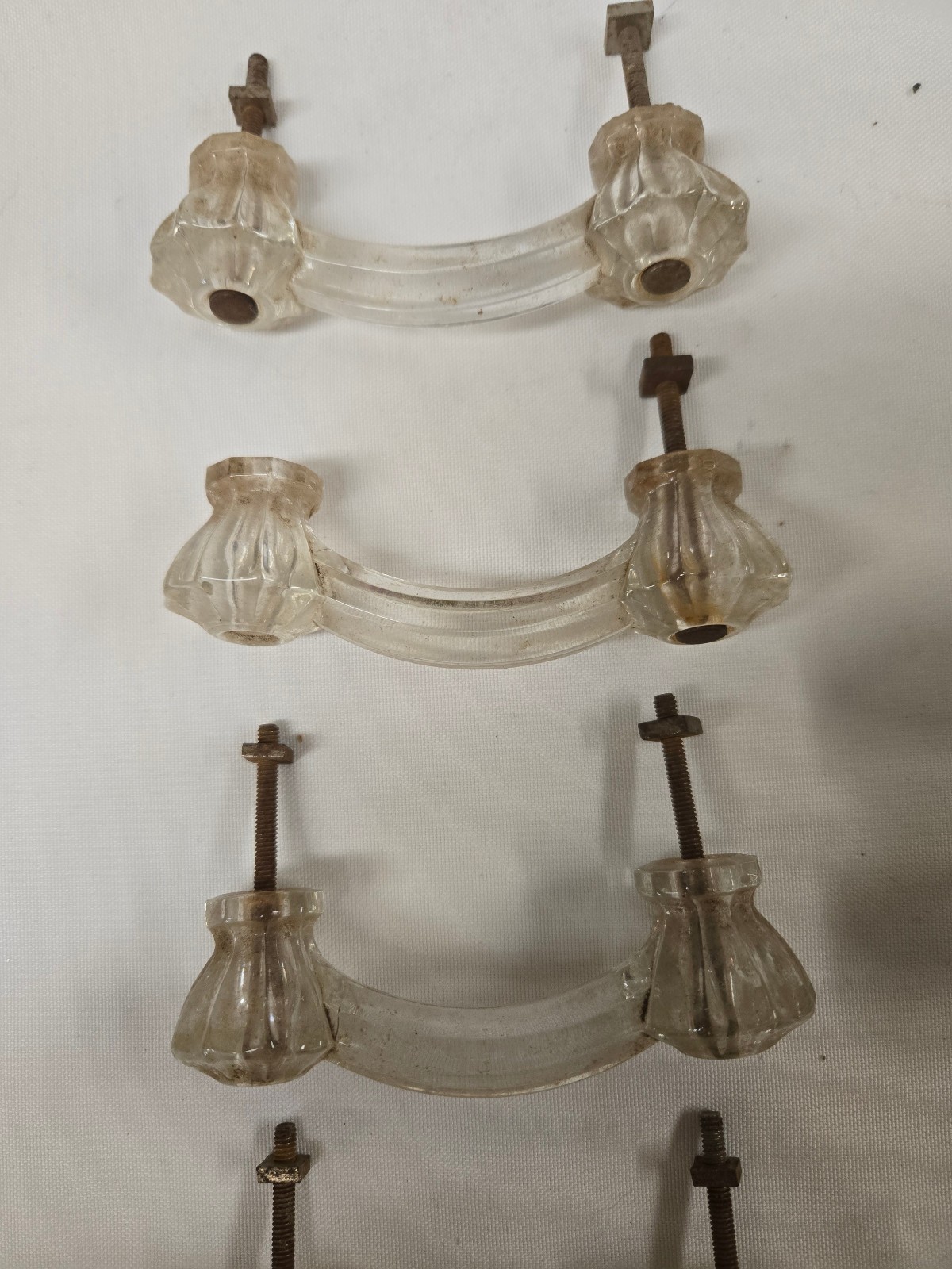 LOT of 11 Vintage Clear Glass Furniture HARDWARE Knobs Drawer Pulls 3” Center