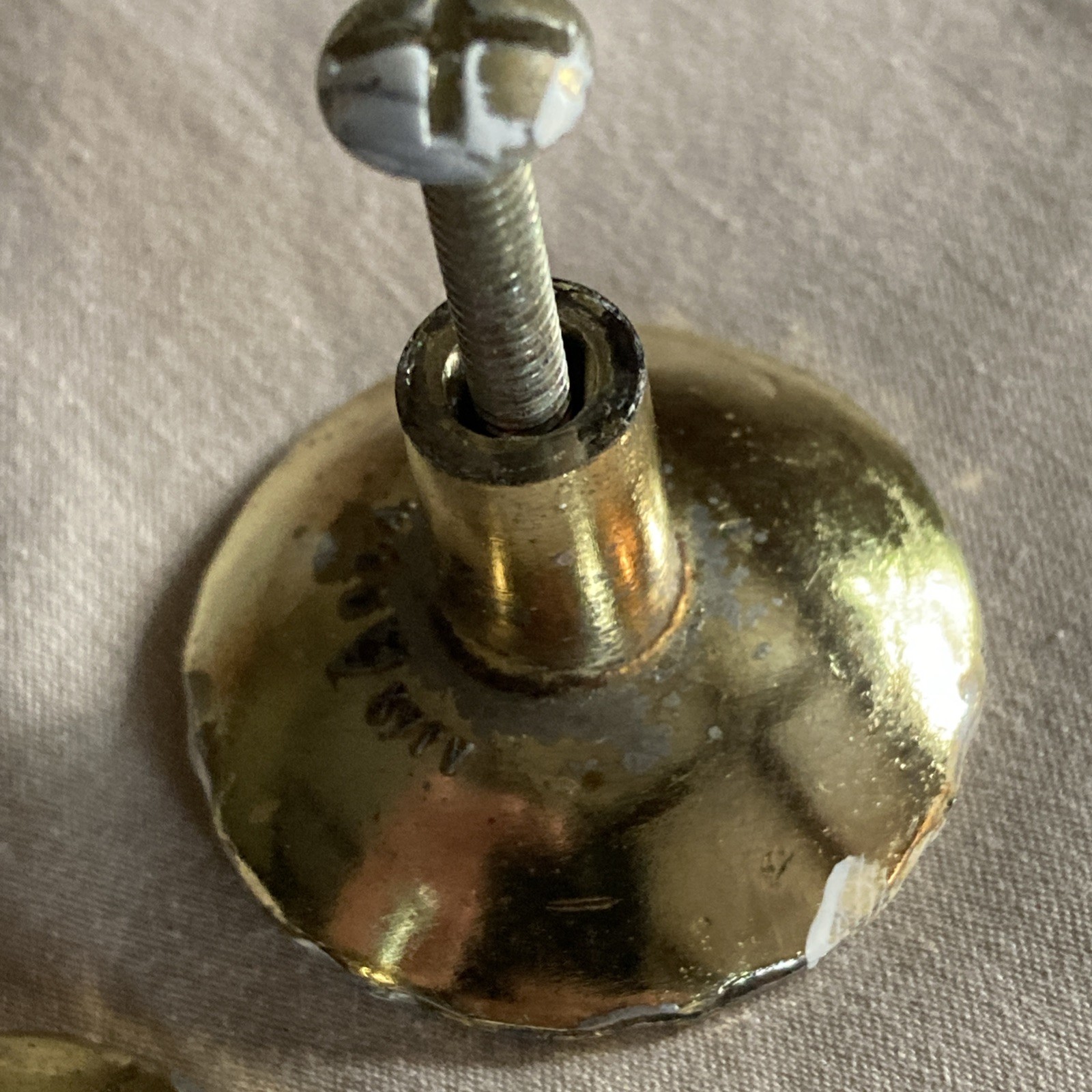 2 Vintage Brass Ajax Drawer Pulls Cabinet Knobs Pearlescent Green Gold Trim