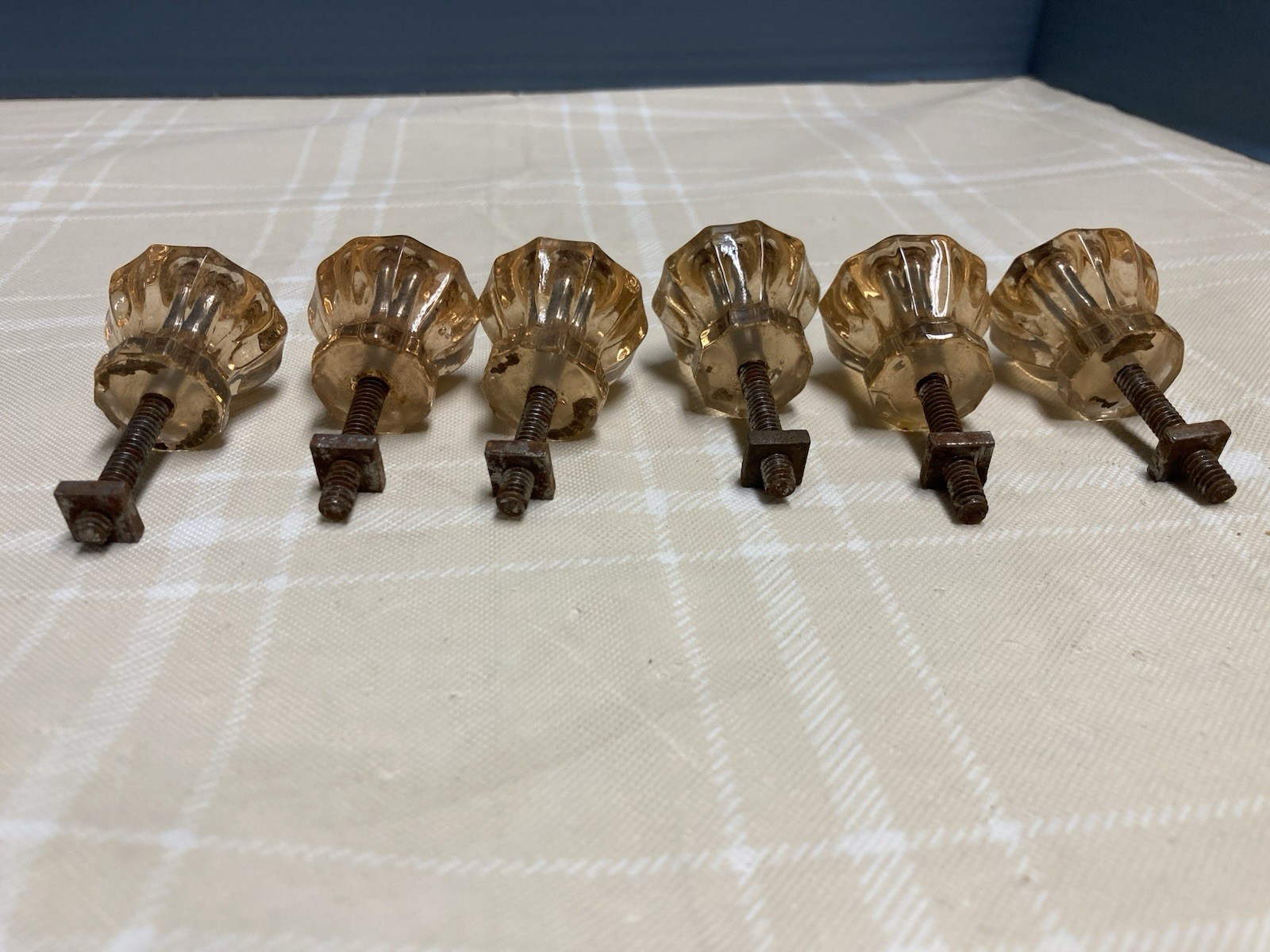 Vtg Lot Of 6 Glass Drawer Pulls Amber Color Hexagon