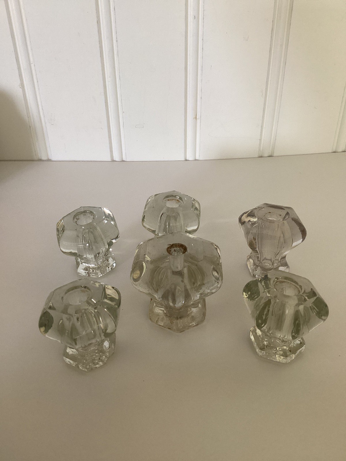 6 Vintage Depression Style 2 Size Hexagon Clear Glass Drawer/ Cabinet Knob Pulls
