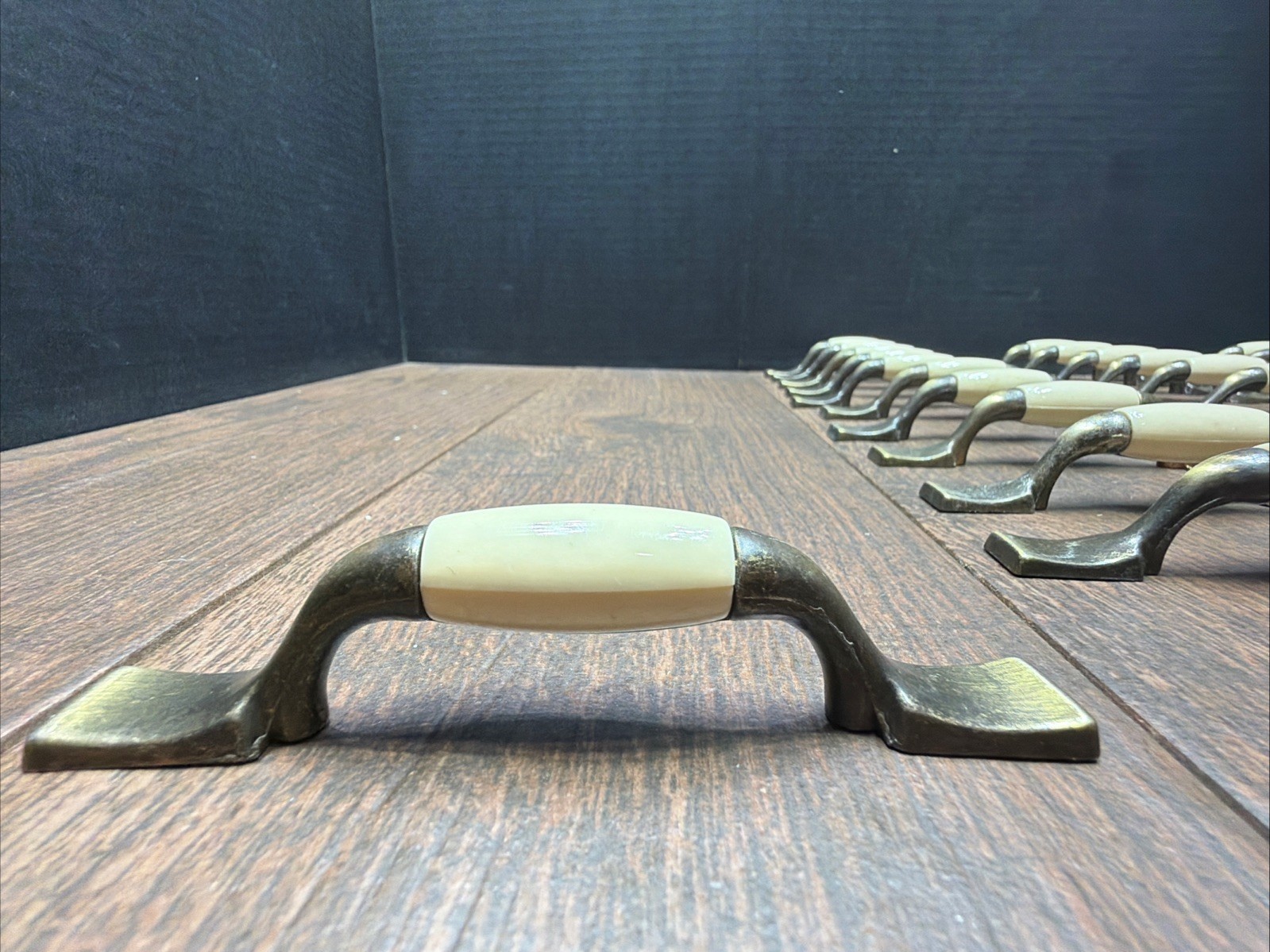 33 Allison Vintage Brass White Porcelain Cabinet Pulls Drawer Handles 5 1/4″