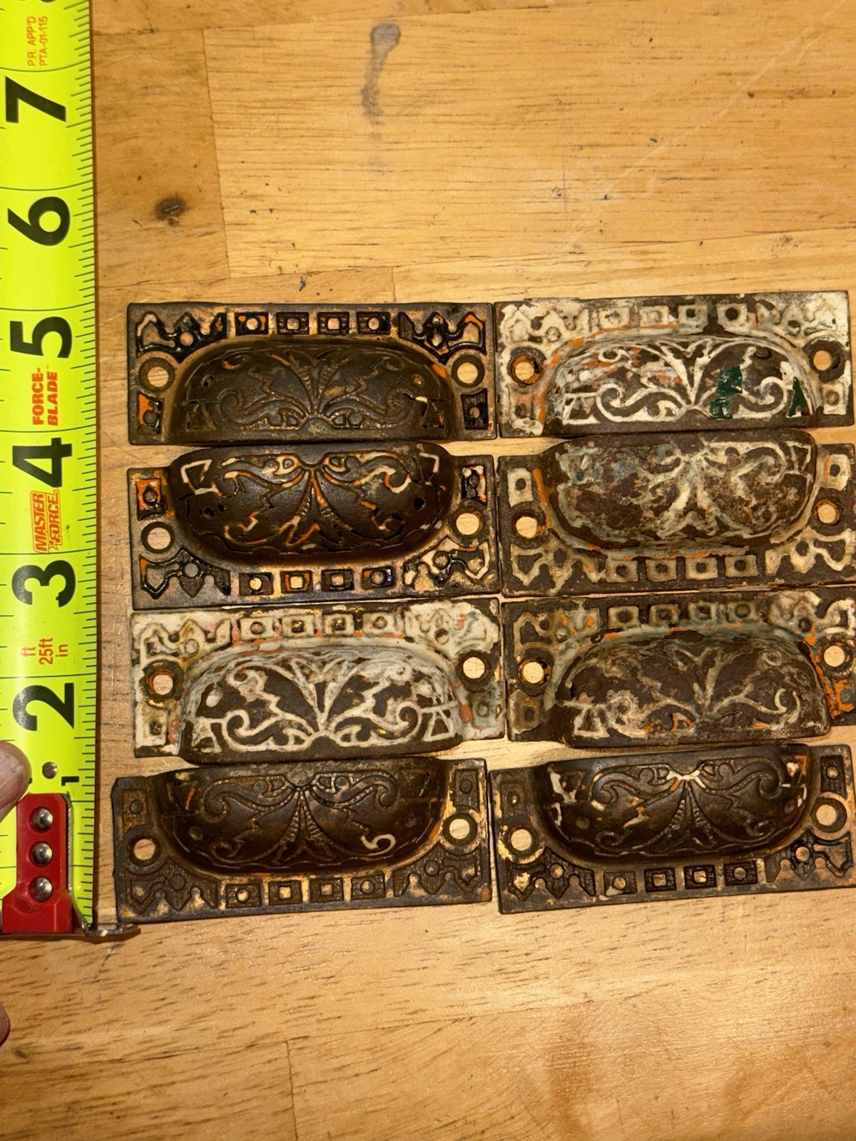8 vintage VICTORIAN Art NOUVEAU cast IRON Eastlake CABINET drawer PULLS handles