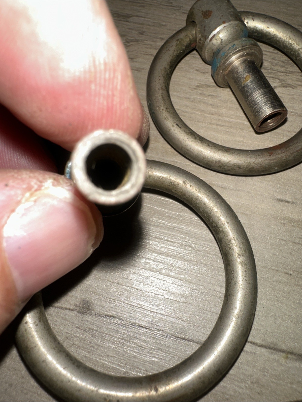 2 Round Drawer Pulls Nickel Brass Drop Handles Nice Patina!