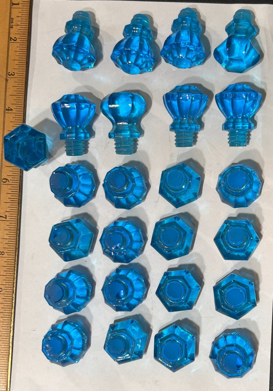 25 BEAUTIFUL ANTIQUE THREADED BLUE GLASS CABINET DOOR DRAWER PULLS KNOBS