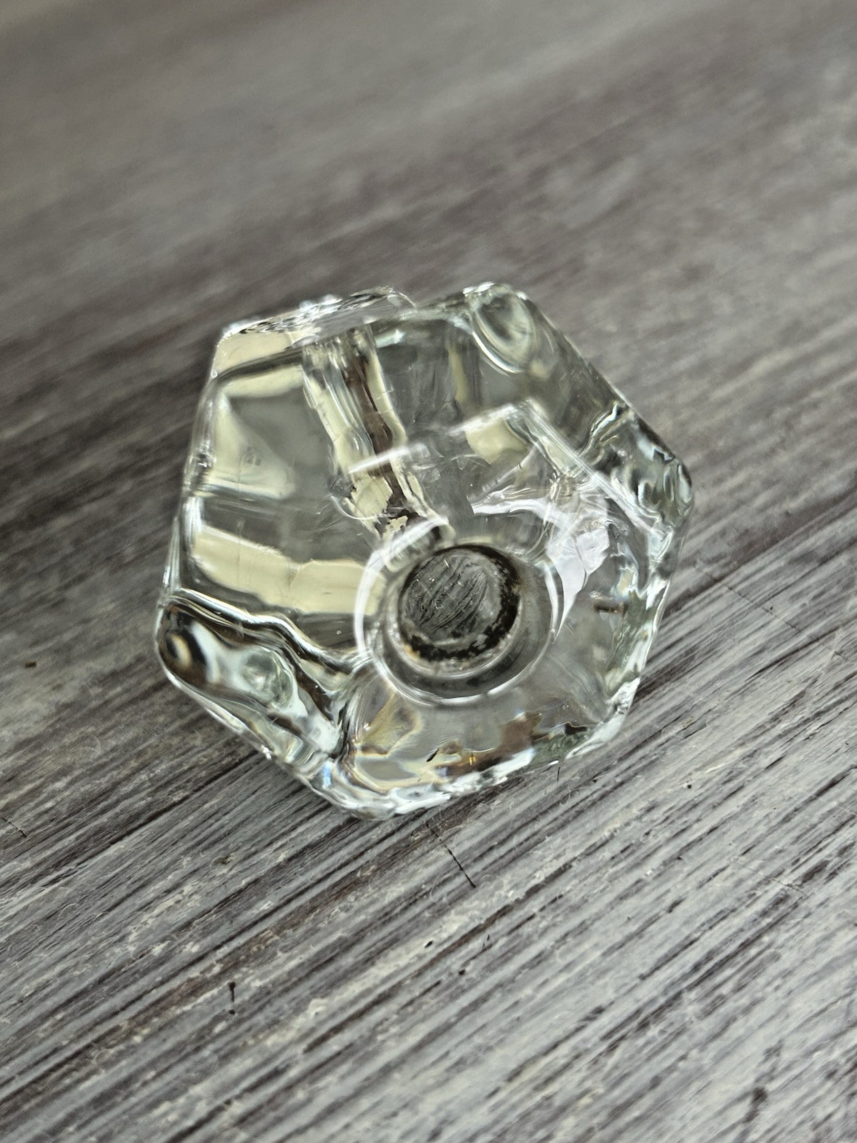 Antique Glass Drawer Knob Hexagon 1.5″ Diameter Has New Hardware (1a)