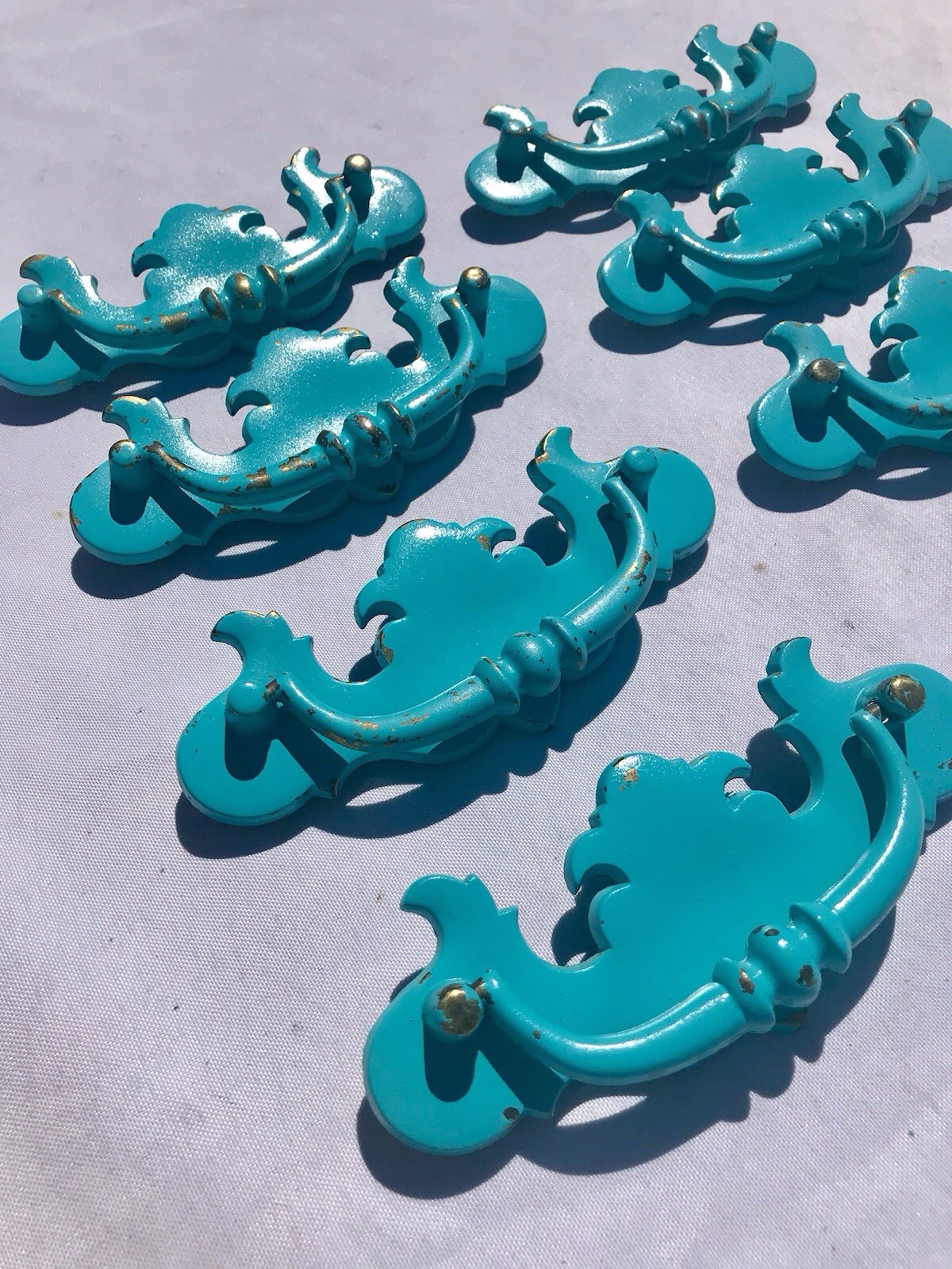 Vtg Turquoise Blue Dresser Desk Cabinet Drawer Pulls 5.5” Set 8 Cottage Western