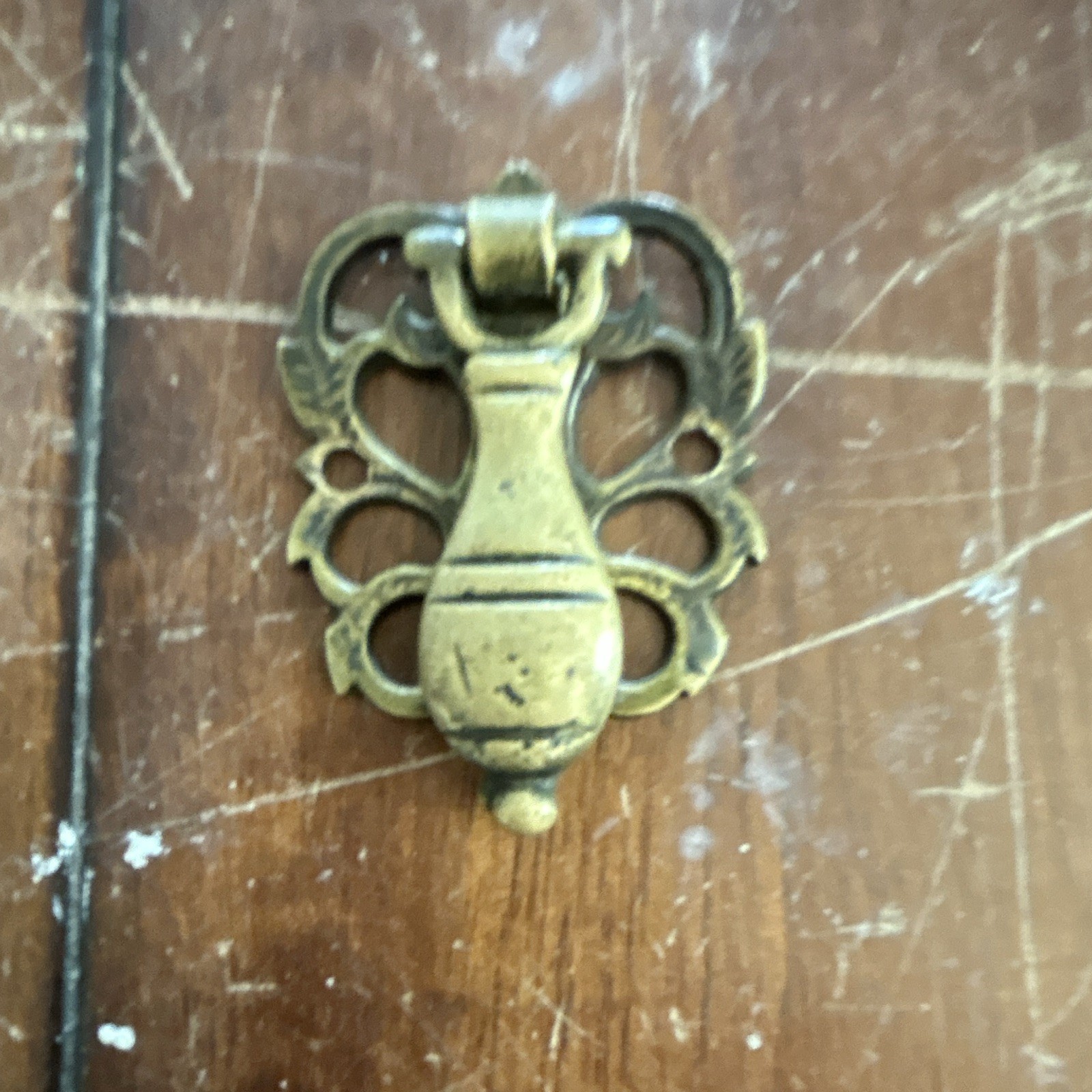 Antique Style Gold Tone Metal Bail Drop Drawer Pull w/ Ornate Backplate