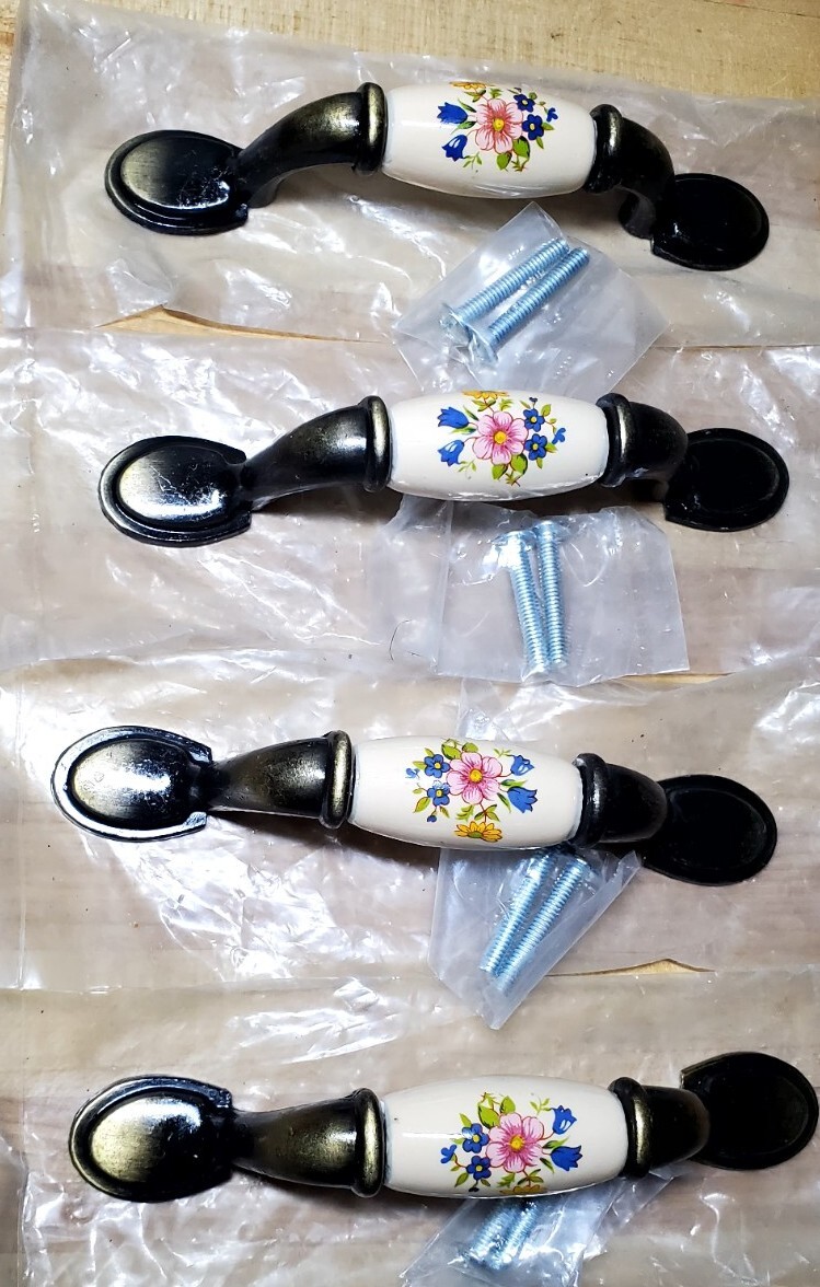 Lot of 4 Brass & Ceramic Floral Cabinet Dresser Drawer Pull Handle Knobs NEW