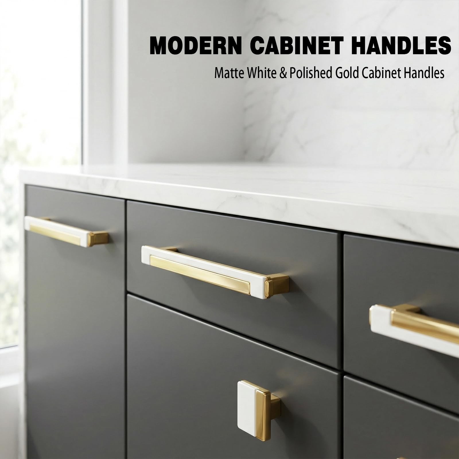 10 Pack White Gold Cabinet Pulls & Handles, 3.7 Inch Hole Center | Bright mod…