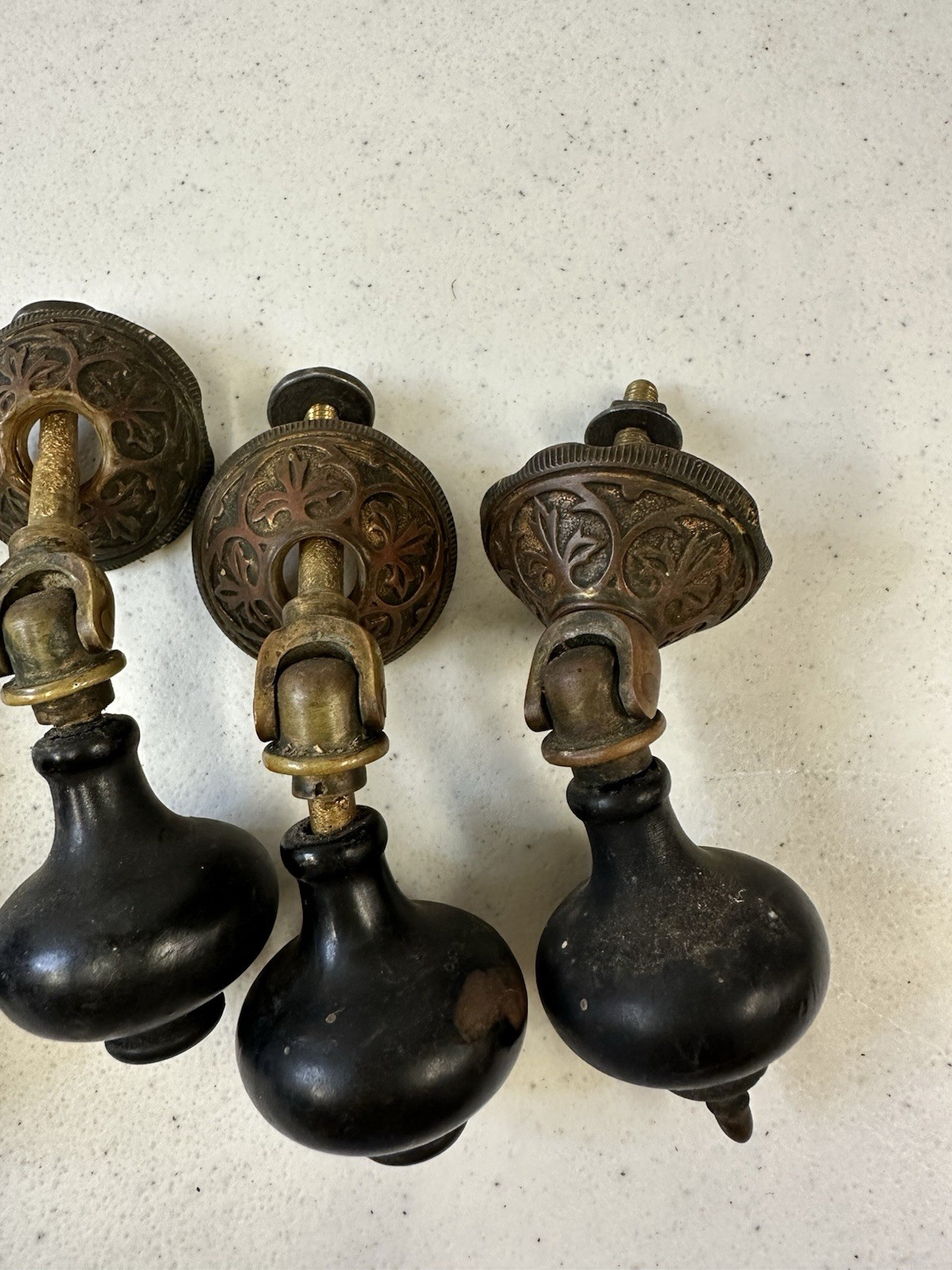 Antique Victorian Eastlake Teardrop Pulls – Set of 6 Black Wood & Ornate Brass