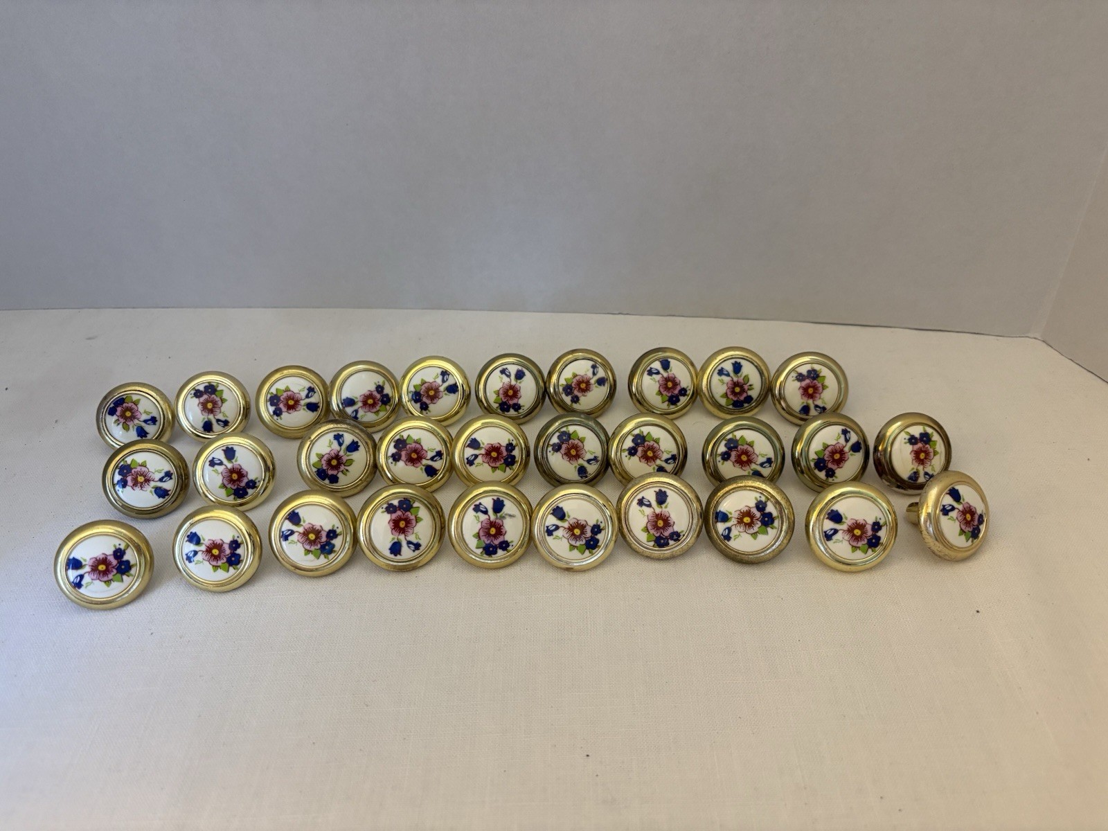 Amerock Brass and Porcelain Pink Blue Flower Drawer Knobs Set Of 30