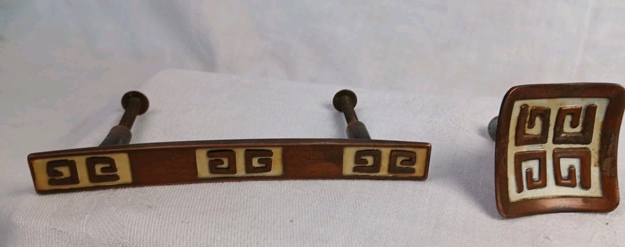 Vtg Set 2 Drawer Pull Handle + Knob Copper Enamel Asian Greek 3″ Centers MCM