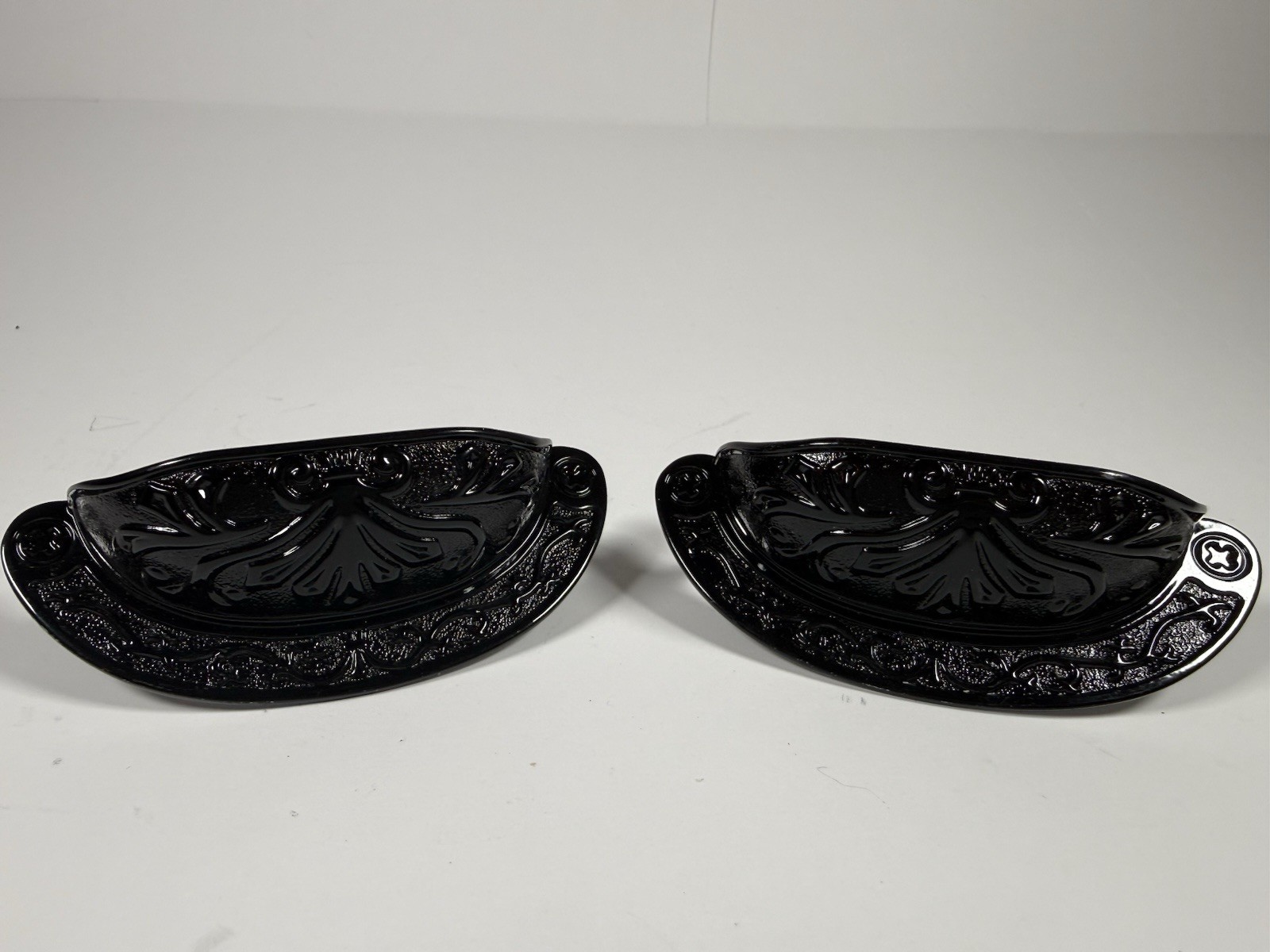 Set of 2 Vintage Style Black Cast Iron Bin Pulls Ornate Floral Cup Handles