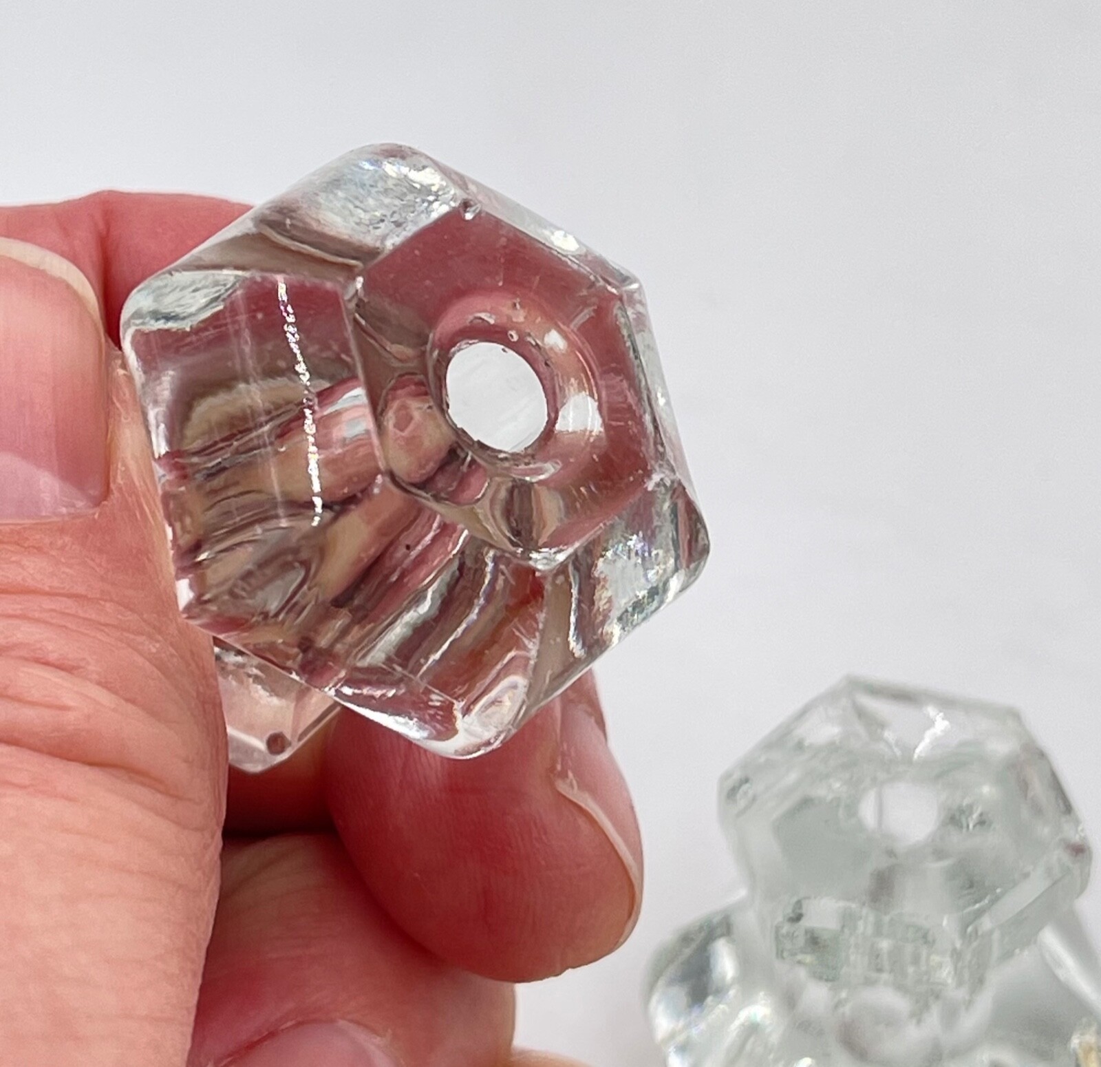 Lot of 5 Vintage Clear Glass 6-Sided Cabinet Pulls / Drawer Knobs, Small Hex Top