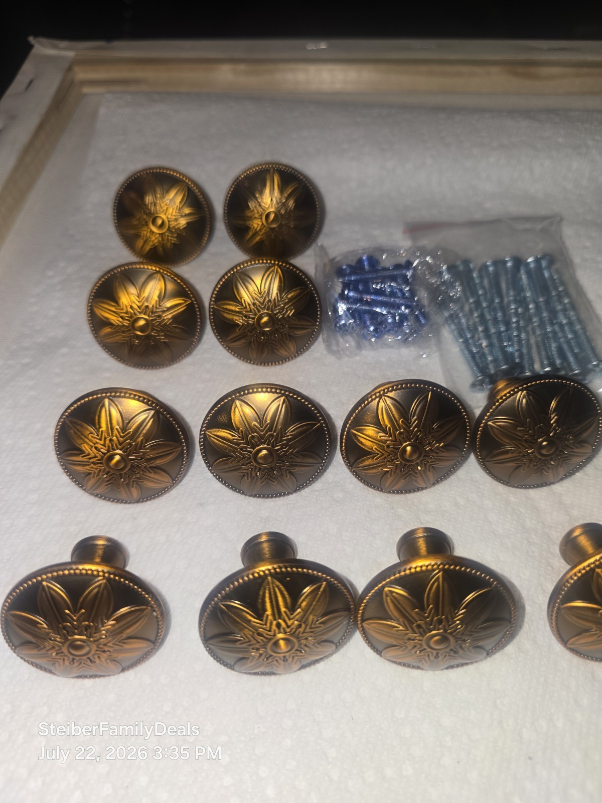12 Antique Brass Knobs / Handle Pulls – Flower Pattern for Cabinets Drawers