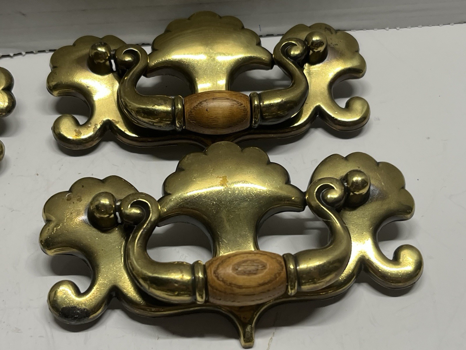 Vintage Lot (8) NOS KBC#19123 Brass Plated & Wood Batwing Drop Bail Pulls