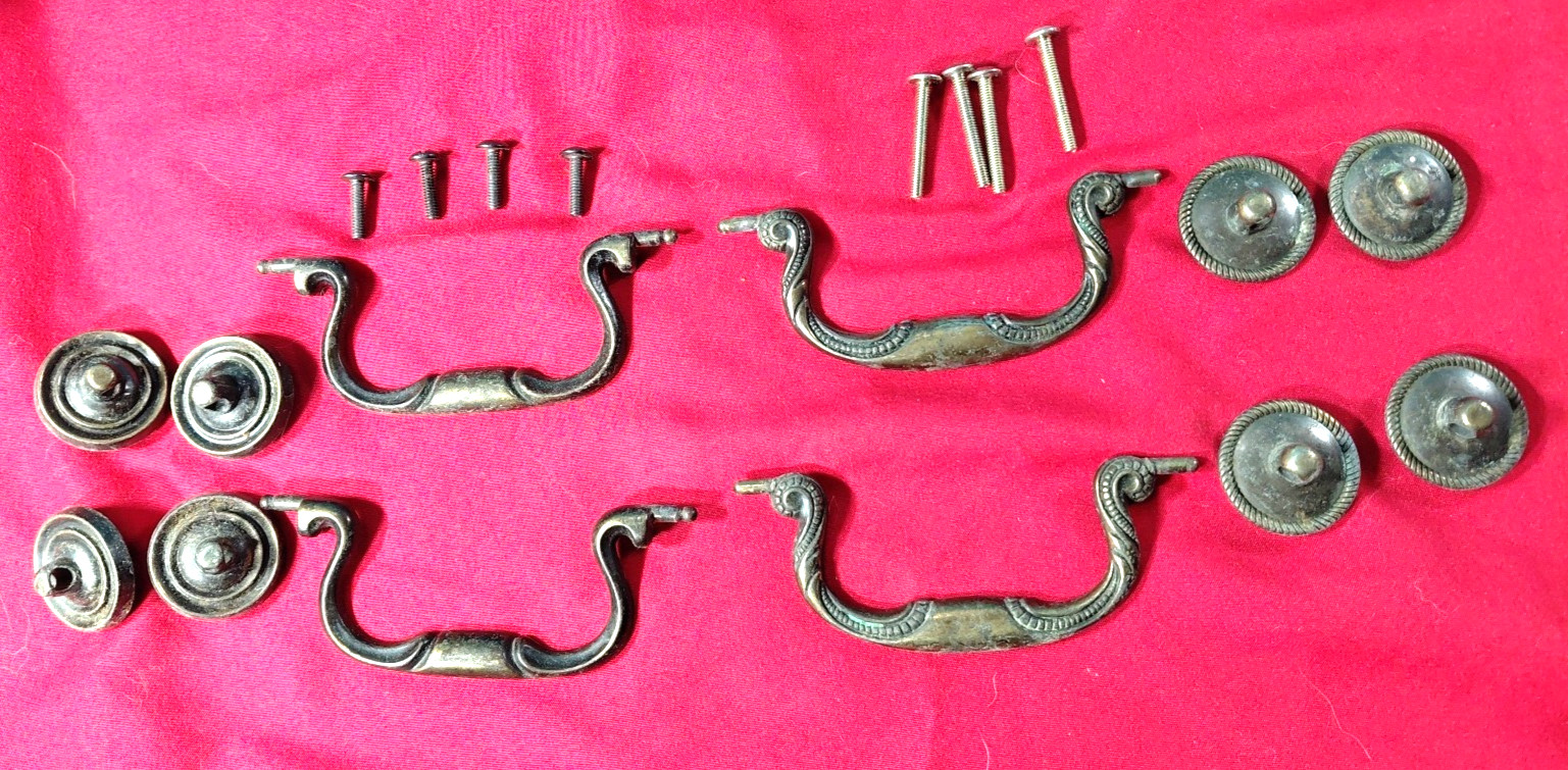 Antique Solid Brass Drawer Bail Drop Handle Pulls Lot of 4 Patina 2 Designs