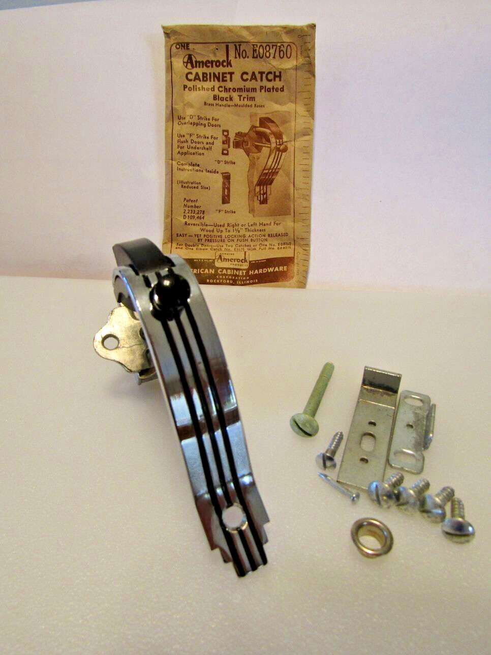 Vtg Nos Chrome Cabinet Door Push Button Latch Pull 3 Black Lines Amerock E08760