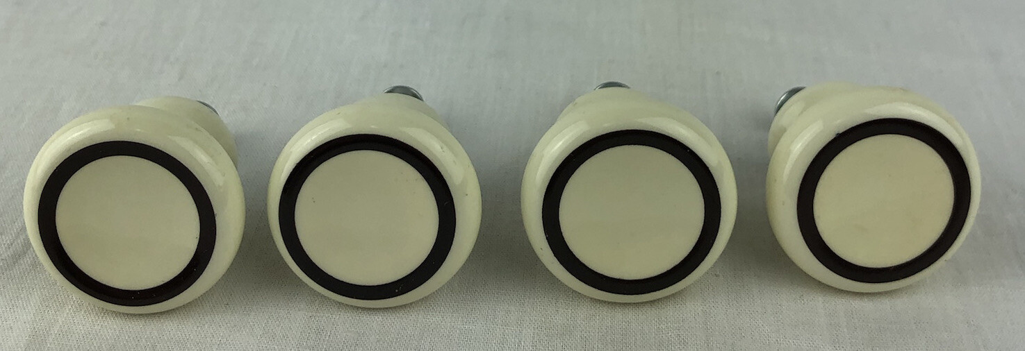 Porcelain Knobs With Screws Set of 4 Brown Stripe Off White Belwith Vintage