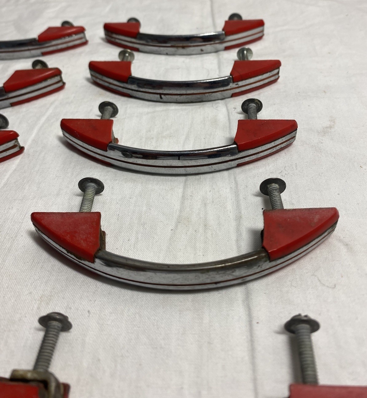 12 Vintage ART DECO MCM Diner Style Cabinet Handles Pulls Chrome Red Nice