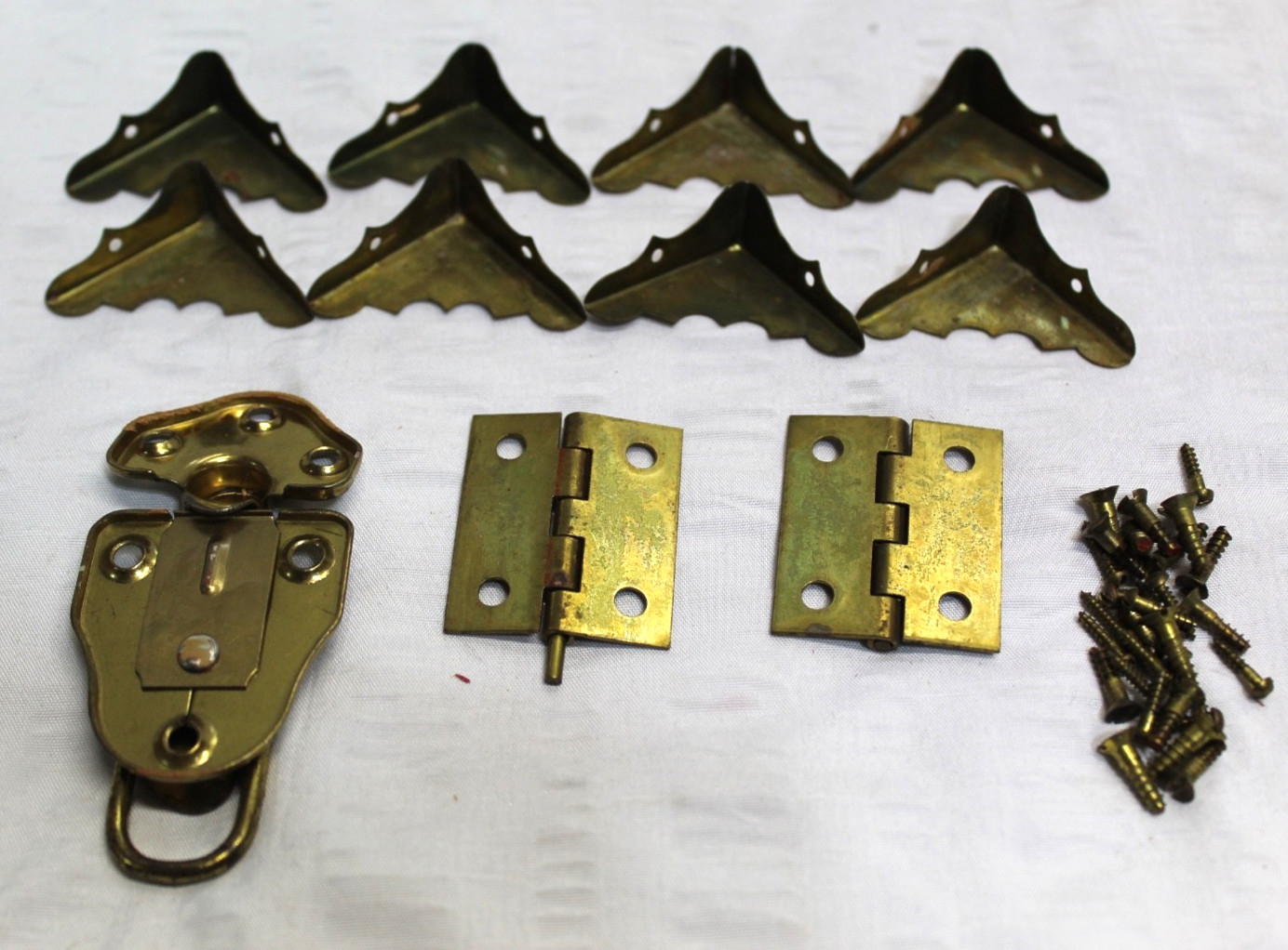 LOT OF Vintage Brass & Steel Jewelry Box Parts Corner Protectors Hinges Screws