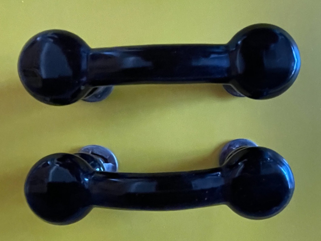 2 Edwardian Eastlake Black Milk Glass Cabinet Pulls w/ Threaded Backs 1920-30s