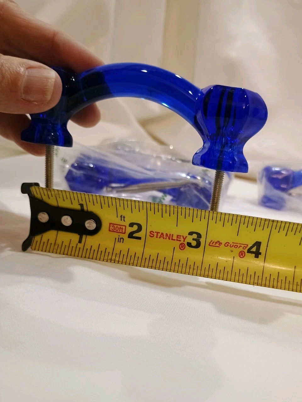 Set of 4 Cobalt Blue Vintage Glass Drawer Pulls 3” On Center