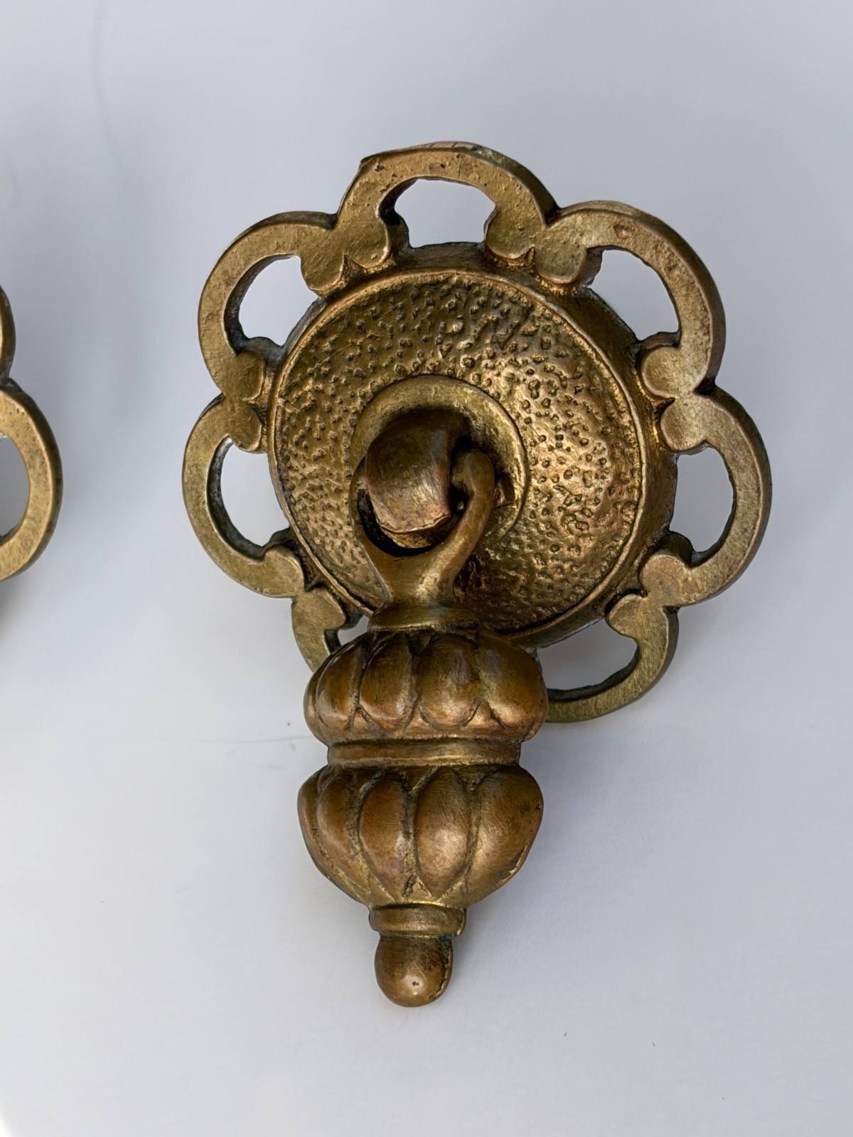Set of 6 Antique Vintage Brass Teardrop Drop Pulls Ornate Scalloped