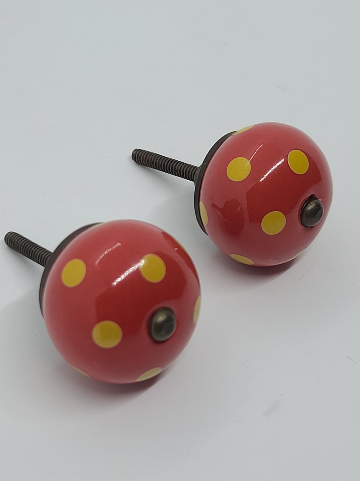 Antique Pair Red Round Porcelain with Yellow Spots Drawer Cabinet Pull Handles