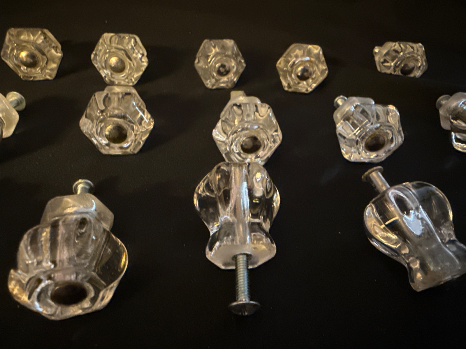 Lot Of 15 Vintage Clear Glass Hexagon Drawer Pulls – 1” X 1” – W/O Square Nuts