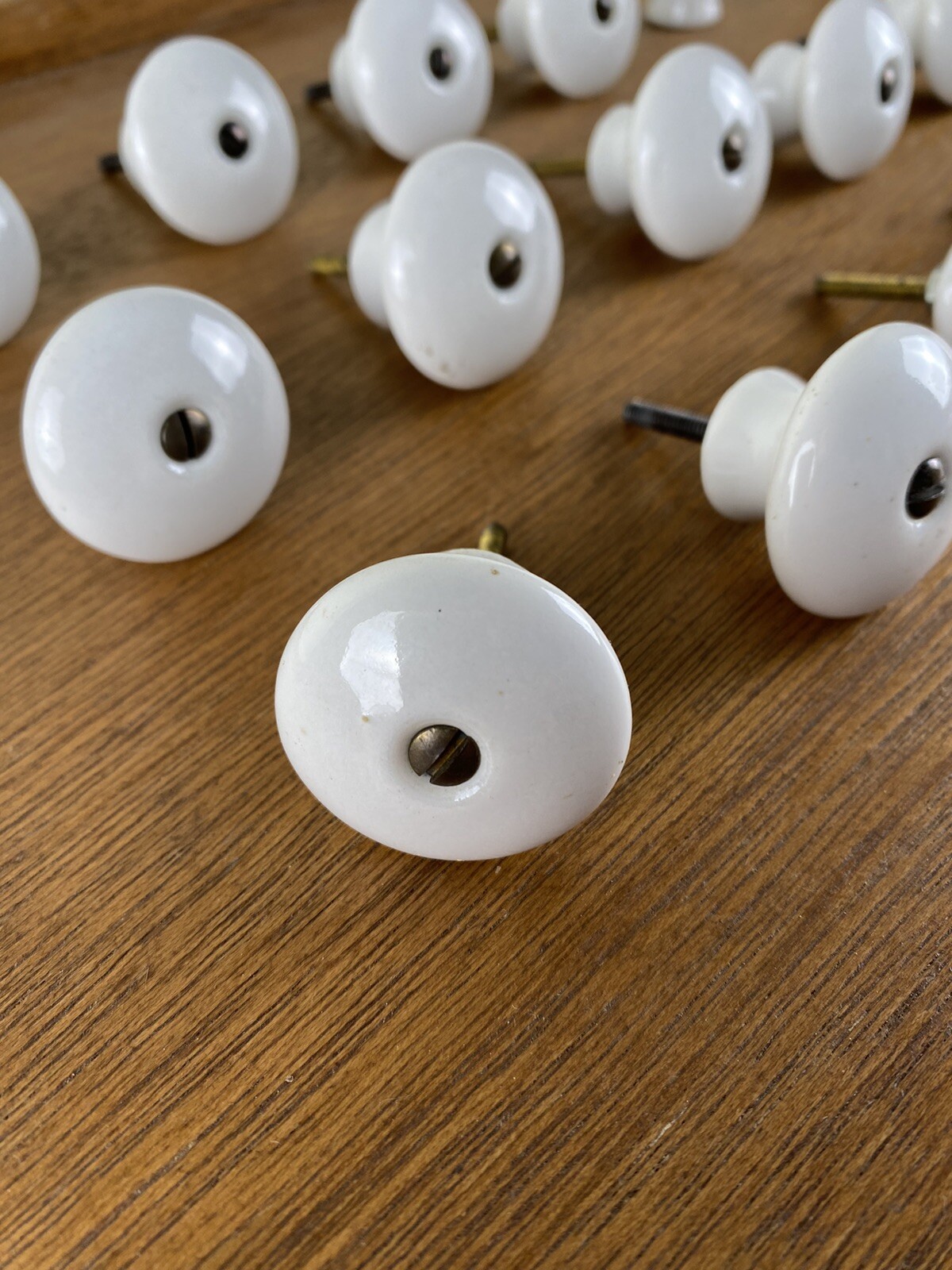 Vintage White Porcelain Mushroom Knobs Drawer Pulls w Brass Hardware Lot of 14+