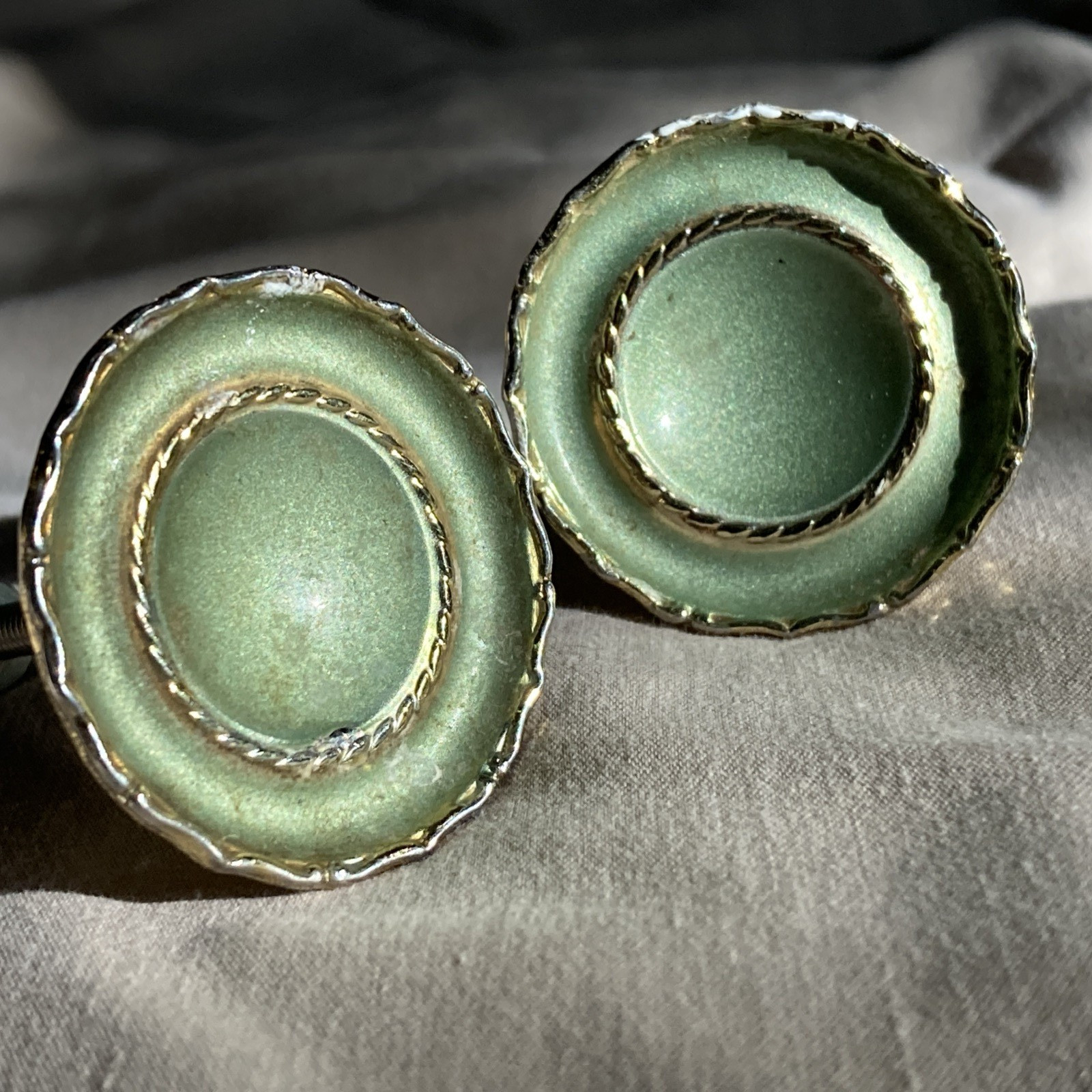 2 Vintage Brass Ajax Drawer Pulls Cabinet Knobs Pearlescent Green Gold Trim