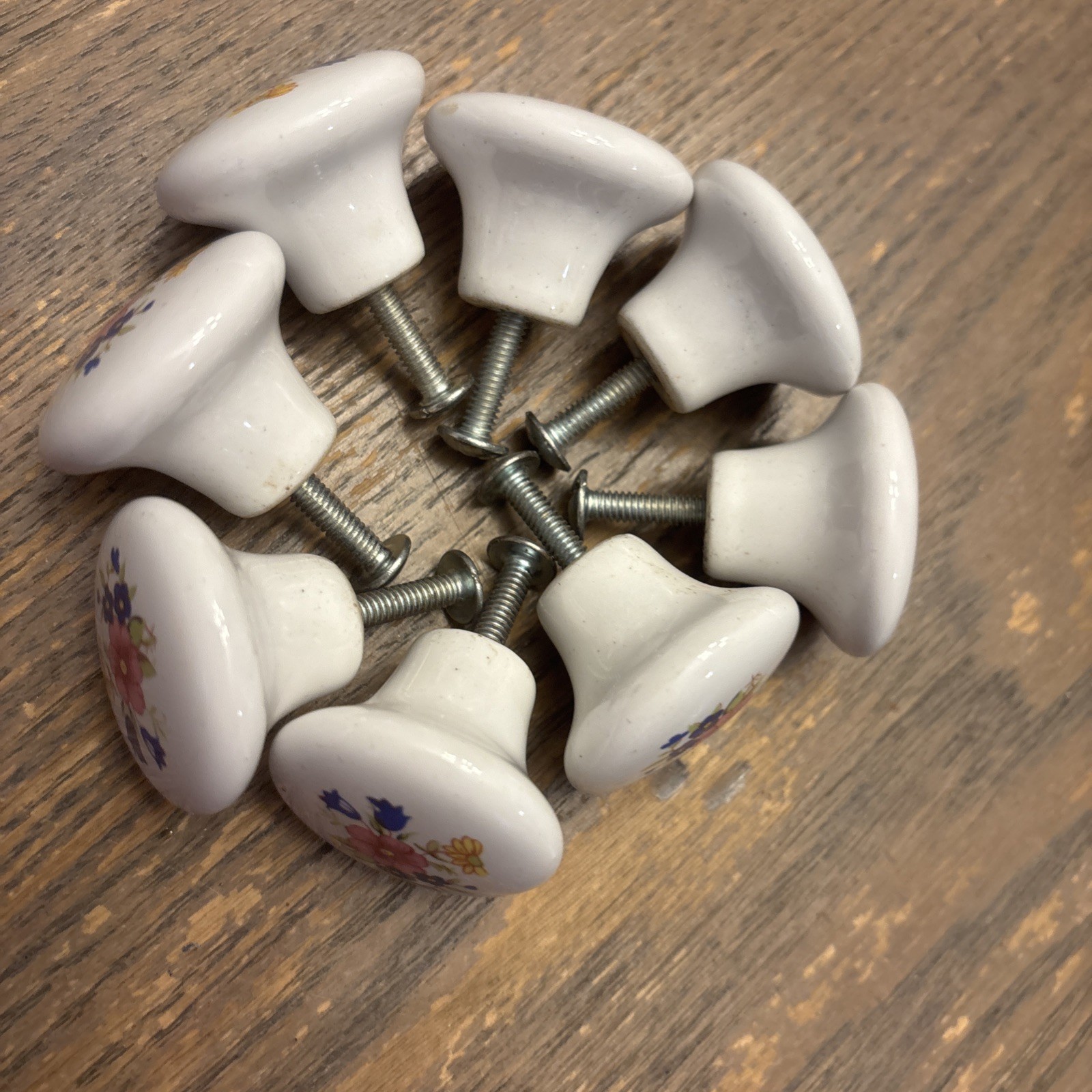 Vintage Porcelain Pulls /Knobs, White Painted Floral Design Lot of 8 with screws