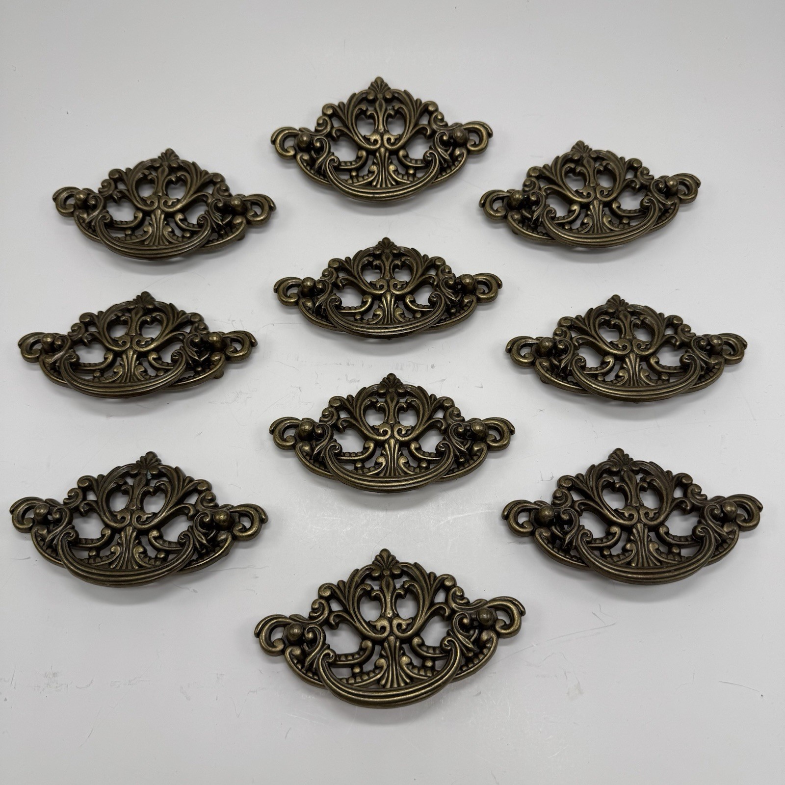 Vintage 1988 80s Antique Brass Bail Drop Drawer Pull Hardware Ornate Replacement