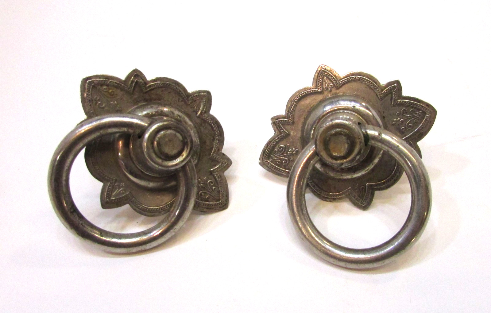 Pair Old 1900’s Stamped Antique Nickel Plated Brass Ring Drawer Pulls