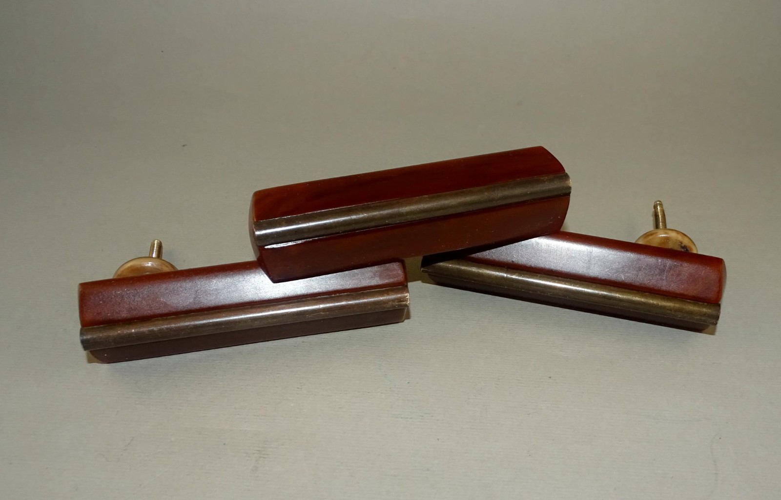 3 Old Vintage Art Deco Bakelite Marbled Brown Drawer Pulls Cabinet Handles